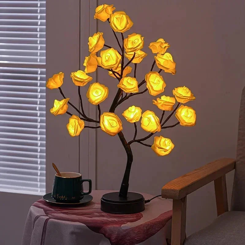 Novelty 24 LED Rose Flower Tree Lights USB Table Lamp Fairy Night Lamp Home Party Christmas Wedding Bedroom Decoration Gift