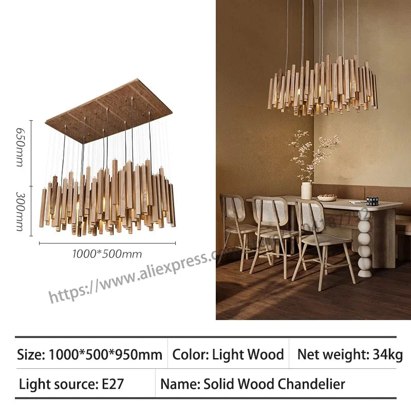 Retro Wooden Hanging Chandelier Light Dining Table Solid Wood Led Pendant Lamp Living Room Kitchen Chandelier Lighting Fixture