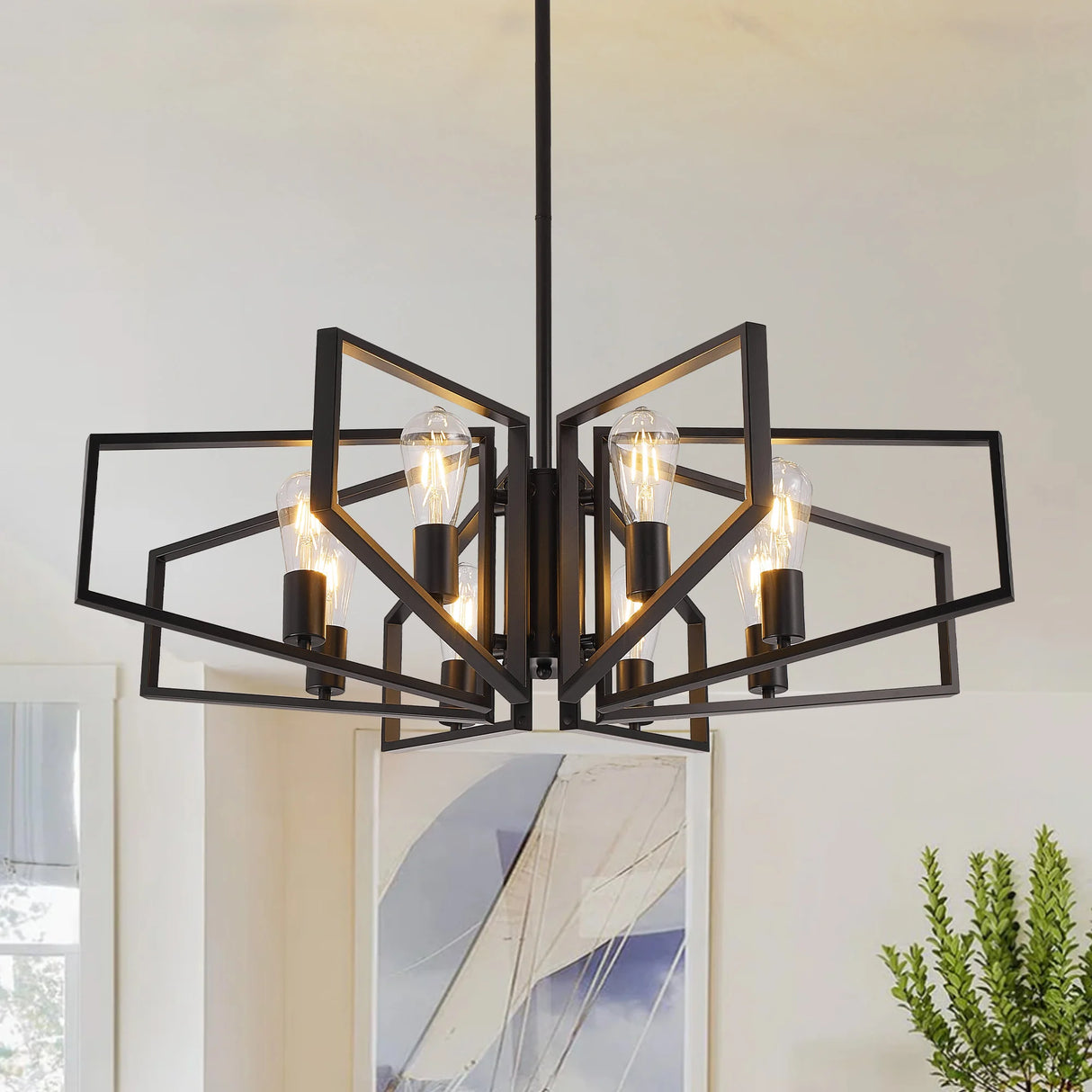 Modern 8-Light Geometric Chandelier - Black & Gold Metal Pendant Light