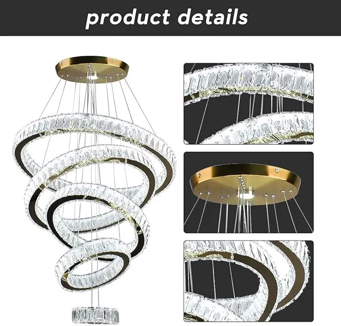 LED Crystal Chandeliers, Modern 5 Rings Pendant Light Titanium Gold Stainless Steel Height Adjustable Ceiling Light for Be