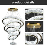 LED Crystal Chandeliers, Modern 5 Rings Pendant Light Titanium Gold Stainless Steel Height Adjustable Ceiling Light for Be