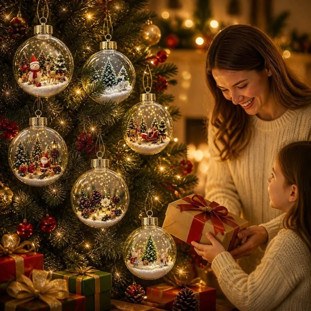 Clear Acrylic Lighted Christmas Ball Ornament Mini Interior Scene Warm LED Light-Up Tree Hanging Bauble Cartoon Shock-Resistant