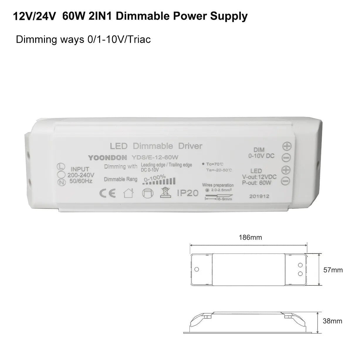 AC 220V Dimmable LED Driver DC12V/24V 20W 40W 60W Triac &amp; 0-10V Dimming 2in1 Power Supply Lighting Transformer