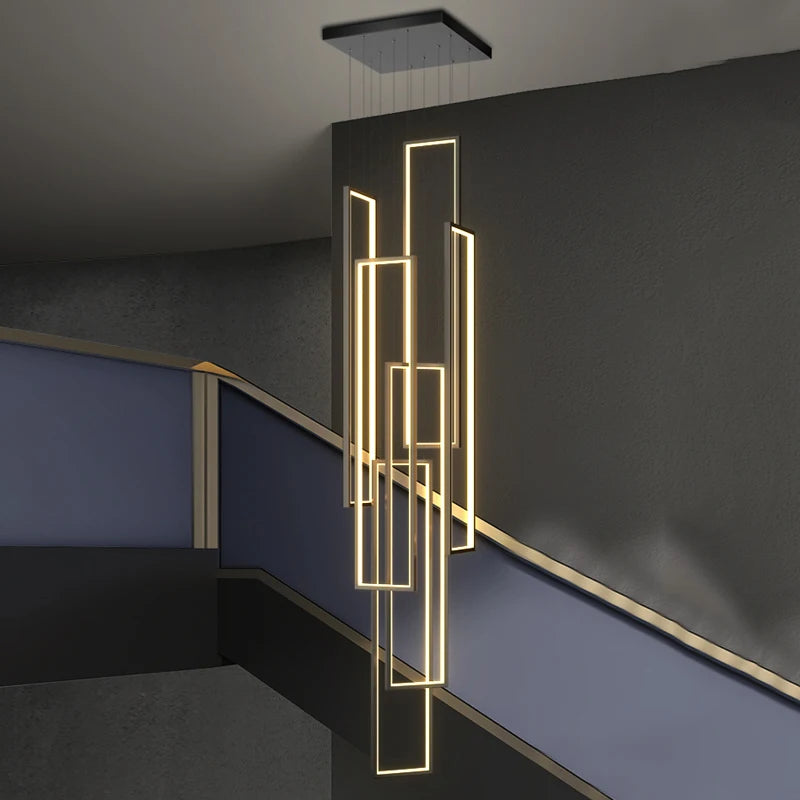 Large Modern Chandelier For Staircase  Led Home Decors Hanging Lamp Black /Gold Indoor Lighting Luxury Creative Rectangle Lustre
