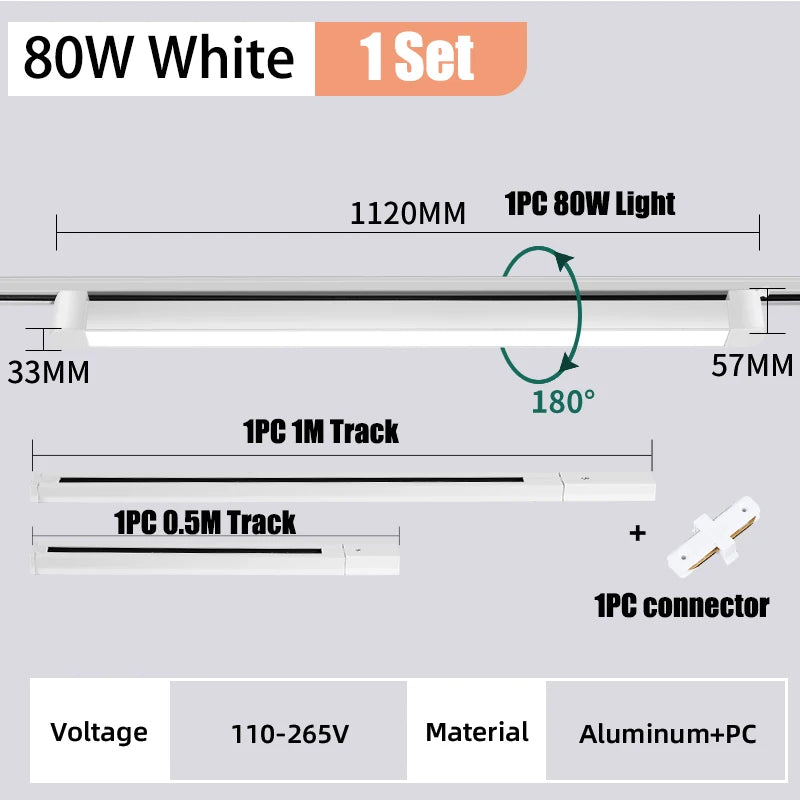 112CM LED Track Light Rail Set (40W/80W) - AC 85-264V Floodlight Spotlight Ceiling Lamp for Clothing Store & Living Room