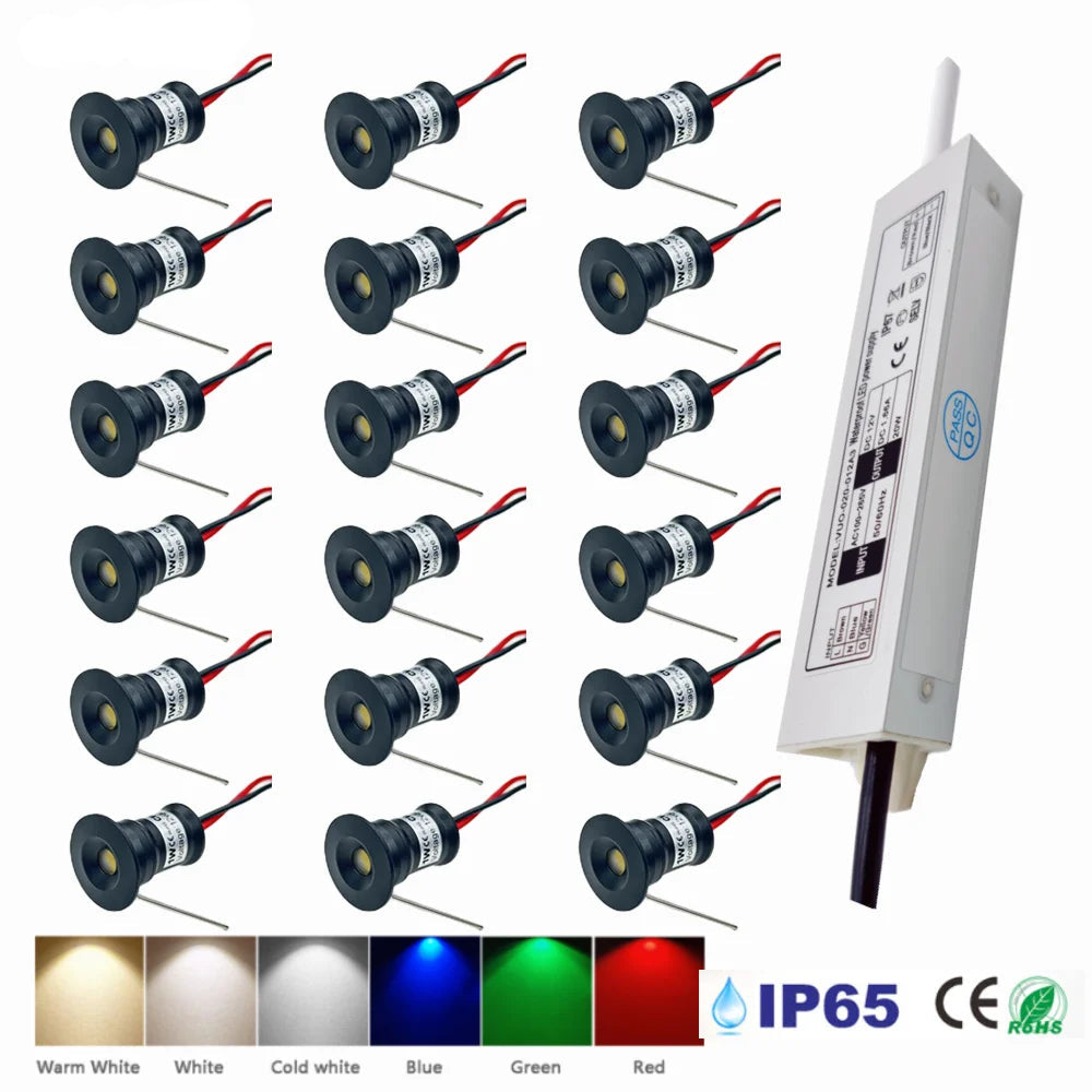 1W Mini Spotlight IP65 15mm Recessed Spot Leds Lights 12V Ceiling Downlight Stair Cabinet Spots Lamp with Transformer 110V-220V