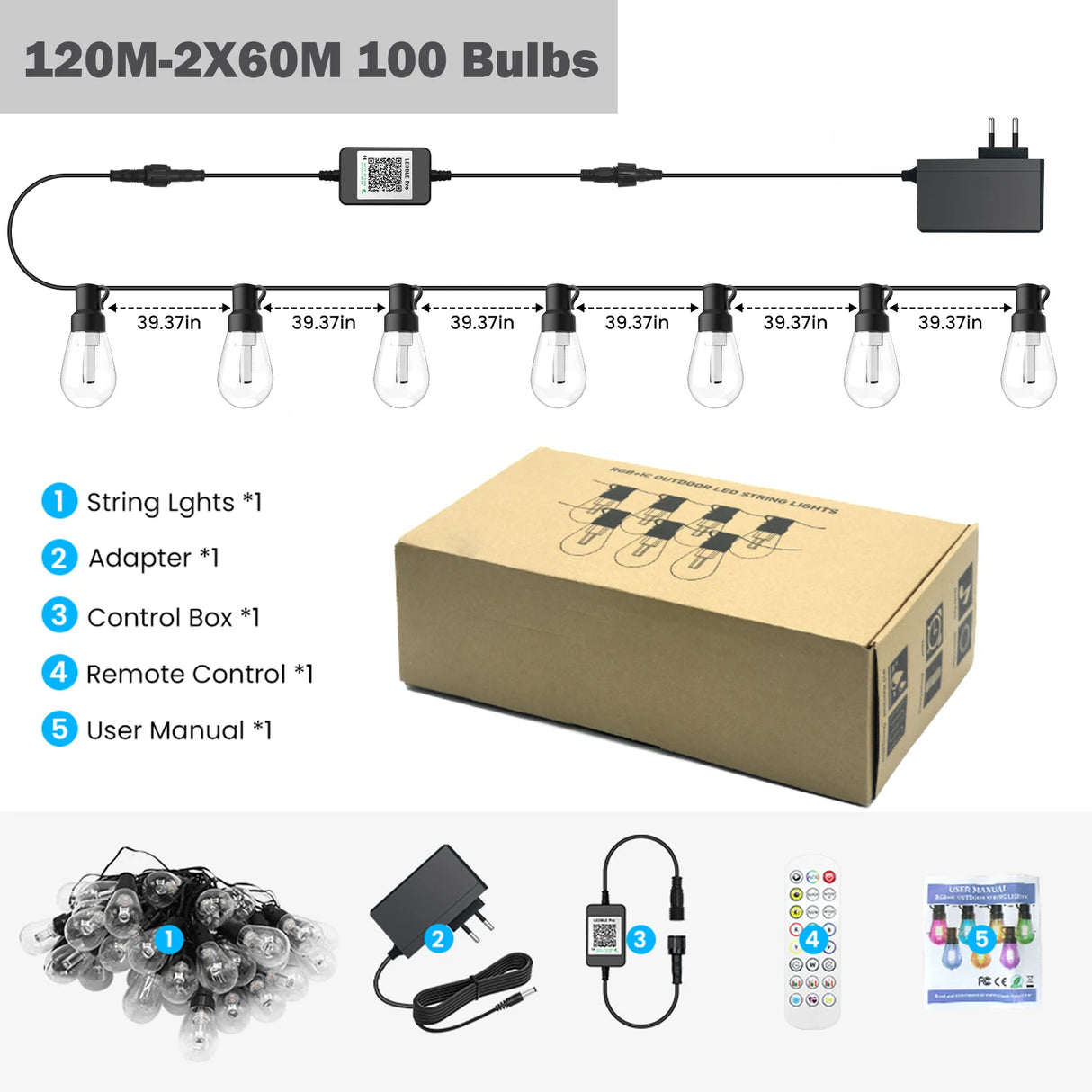 400ft Smart Outdoor Bulb String Lights APP Control RGBIC LED Bulbs Lights IP67 2.4 GHz Bluetooth Music Sync Garden Outdoor Decor
