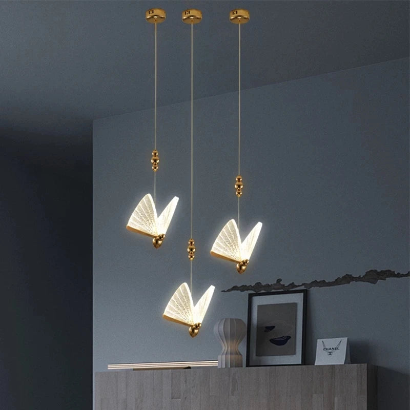 Luxury Home Decor Butterfly Chandelier Nordic LED Bedroom Single Pendant Light Modern Iron Body Acrylic Lampshade Hanging Lustre