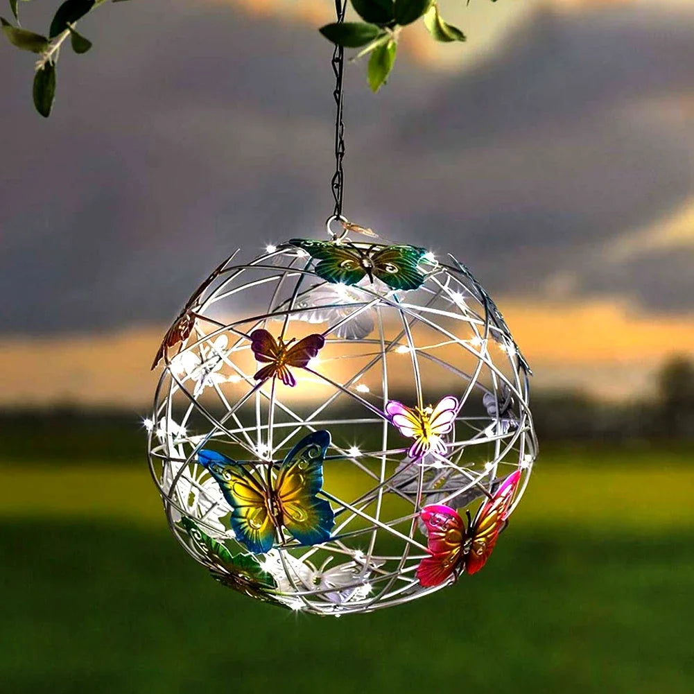 Outdoor Solar Metal Butterfly Pendant Light - Waterproof Hanging Weaving Mesh Ball