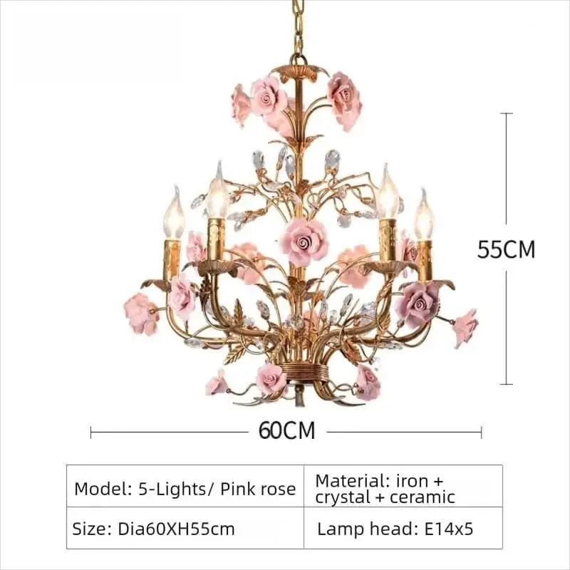 Pink Red Ceramic Rose Chandelier Luxury French Gold 5 Lights Chandelier Bedroom Lighting 6/8/10 Living Room Hanging Lights