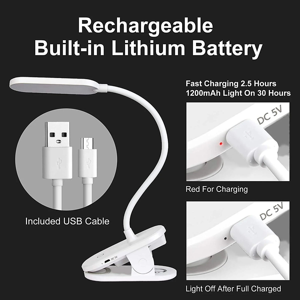 Rechargeable Book Light, Contact Control Adjustable Brightness Eye Protection Reading Light, LED Clip on Light