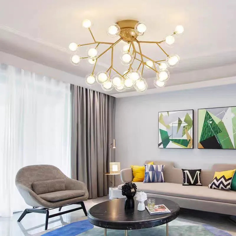 Nordic Golden Firefly Led Ceiling Chandeliers Creative Glass Bubble Light nordic Living Room Kids room decor Tree Branch Lights