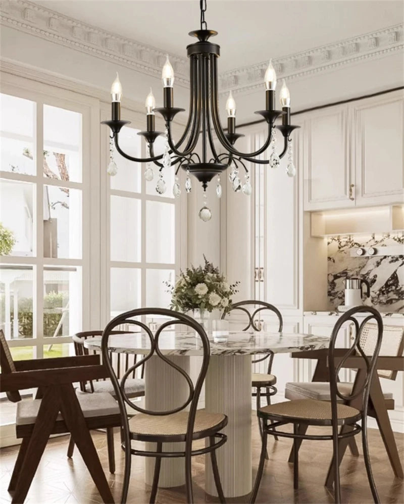 New Wrought Iron Crystal Chandelier European Classic Black Candle Lamp Modern Living Room Kitchen Dining Table Hanging Lamps
