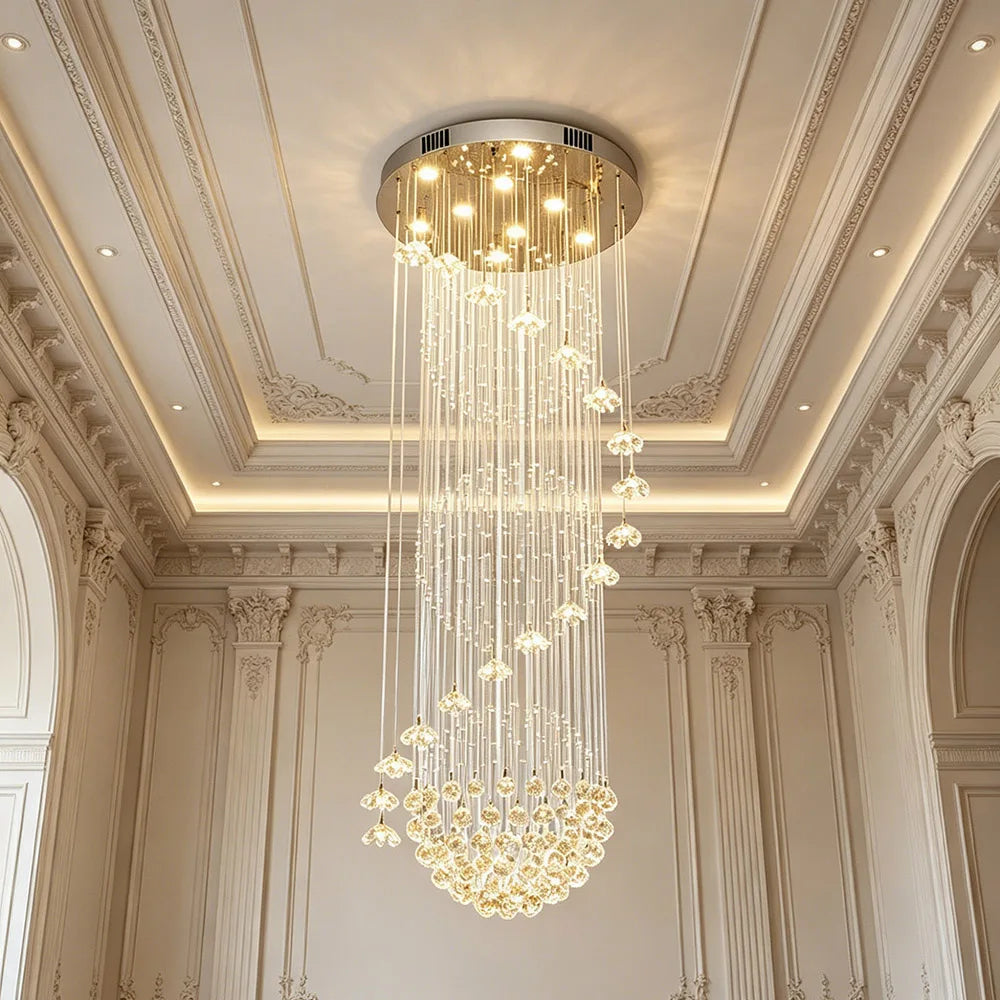Floral Crystal String Chandelier Tall LED Pendant Light Indoor Decor Lighting For High Ceiling Stairs Lobby Hotel
