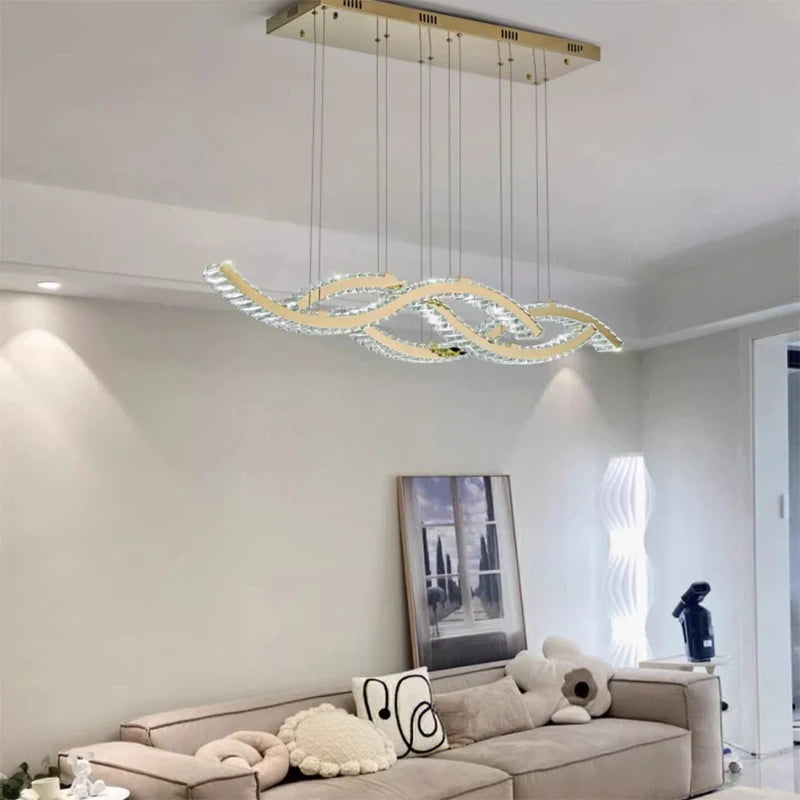 2026 Dining Room Lustre Remote Control Dimmable Pendant Lights Luxury K9 Crystal Hang Chandelier Wave Steel Lamp Fixtures