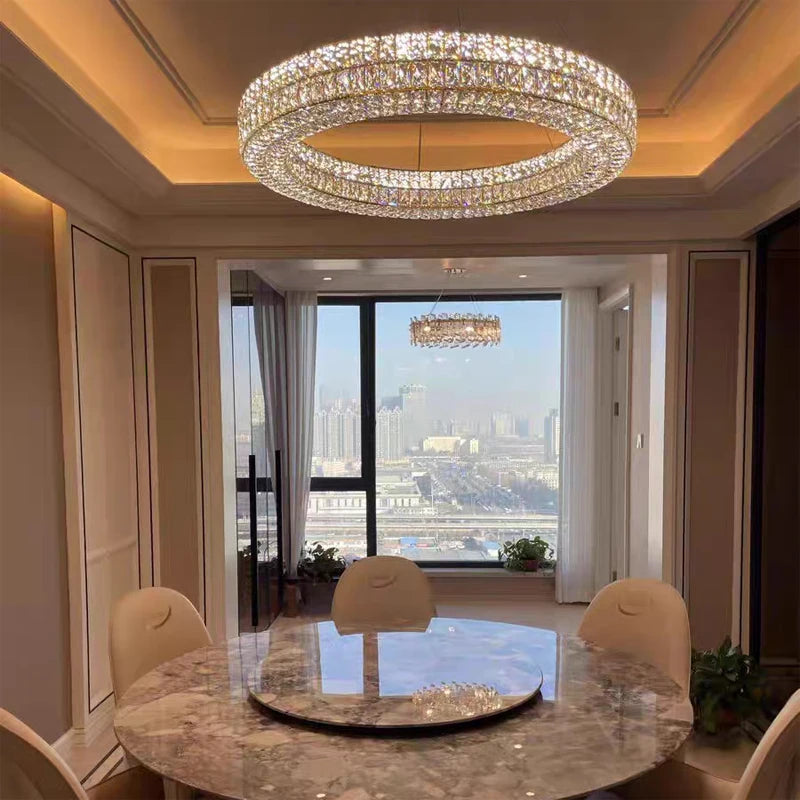 Round Crystal Chandelier Home Decoration Hanging Lamp Living Dinning Room Modern Crystal Pendant Light Kitchen Dimmable LED Lamp