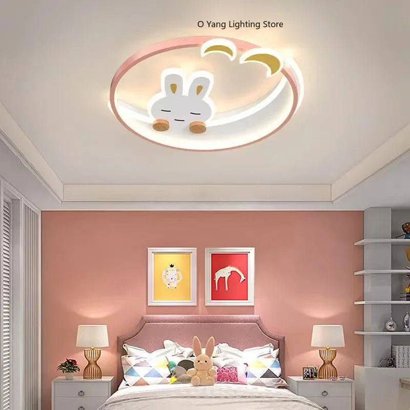 Cartoon Pink Rabbit Moon Chandeliers Kids Room Ceiling Lamp Pink Pretty Babys Girls Room Light Ceiling  RC Dimmable