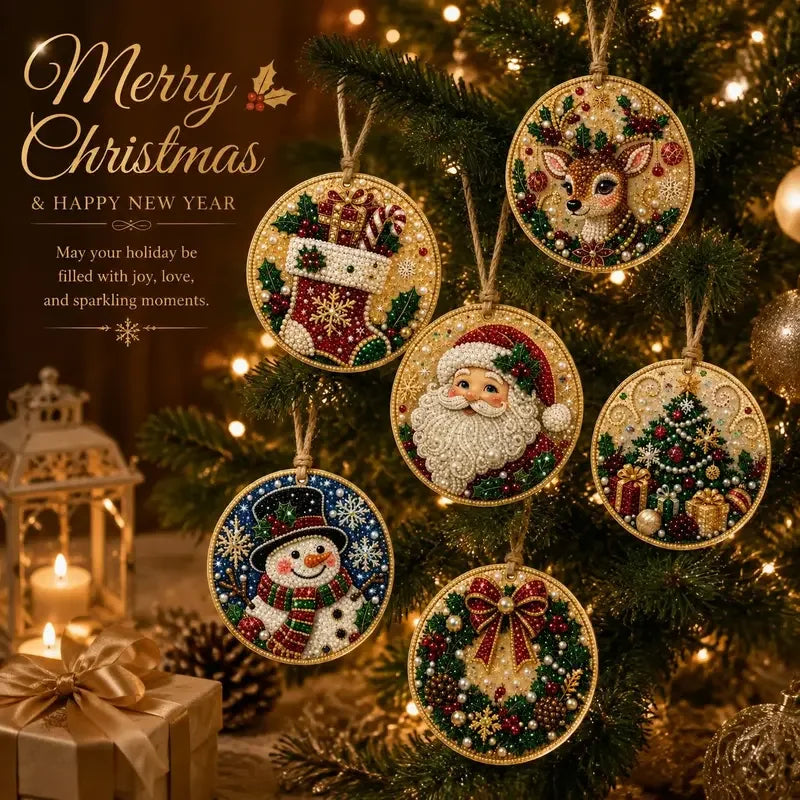 6Pcs DIY Diamond Painting Christmas Tree Ornaments Kit Rhinestone Art Craft Pendants Santa Snowman For Home Holiday Decoration
