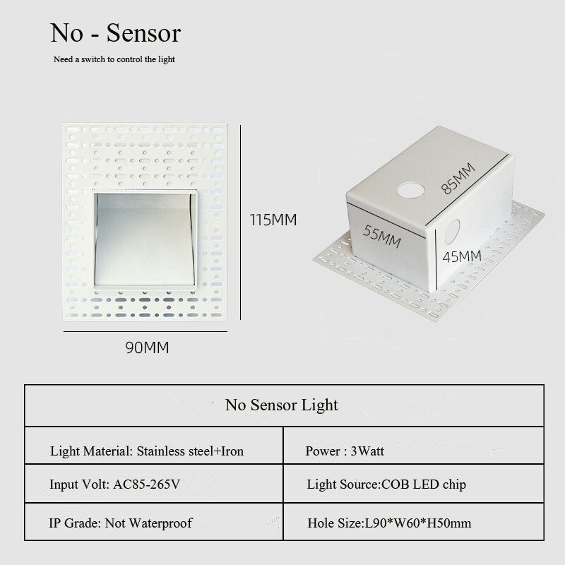 Indoor Frameless Step Lights 3W Motion Sensor LED Stair Stairway Hallway Lamp Embedded White Wall Modern Home Night Footlights