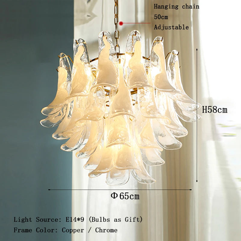 Cloudy White Glass Flower Petal Vintage Chandelier Italy Design Lighting Fixture LED Remote Dimmable Available Living Room Deco