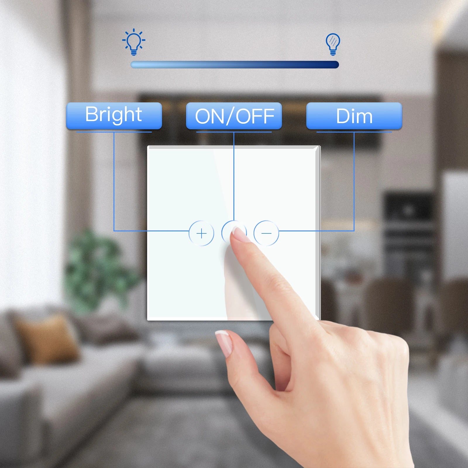 Touch Dimmer Switch 1Gang 1Way Led Dimmer 220V Wall Light Switch Crystal Glass Panel Blue Backlight Memory Function