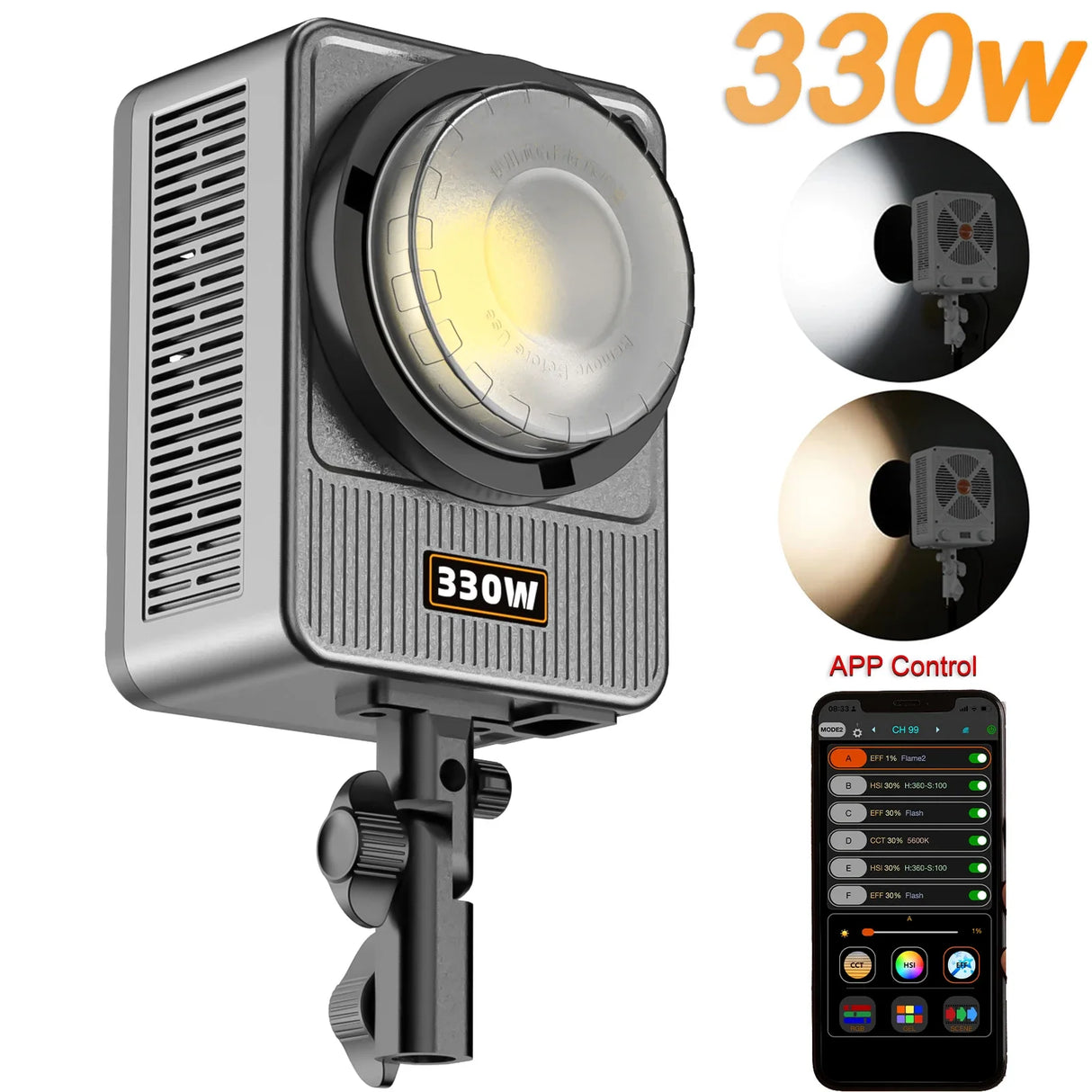 330W LED Video Light - 2700K-6500K Bi-Color Spotlight with Bowens Mount