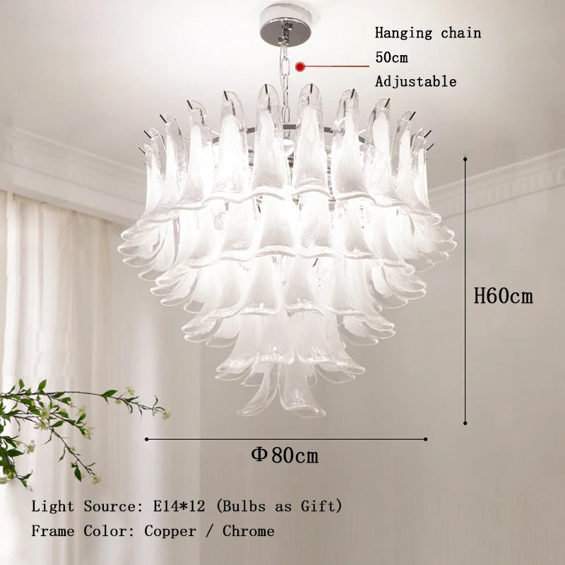 Cloudy White Glass Flower Petal Vintage Chandelier Italy Design Lighting Fixture LED Remote Dimmable Available Living Room Deco