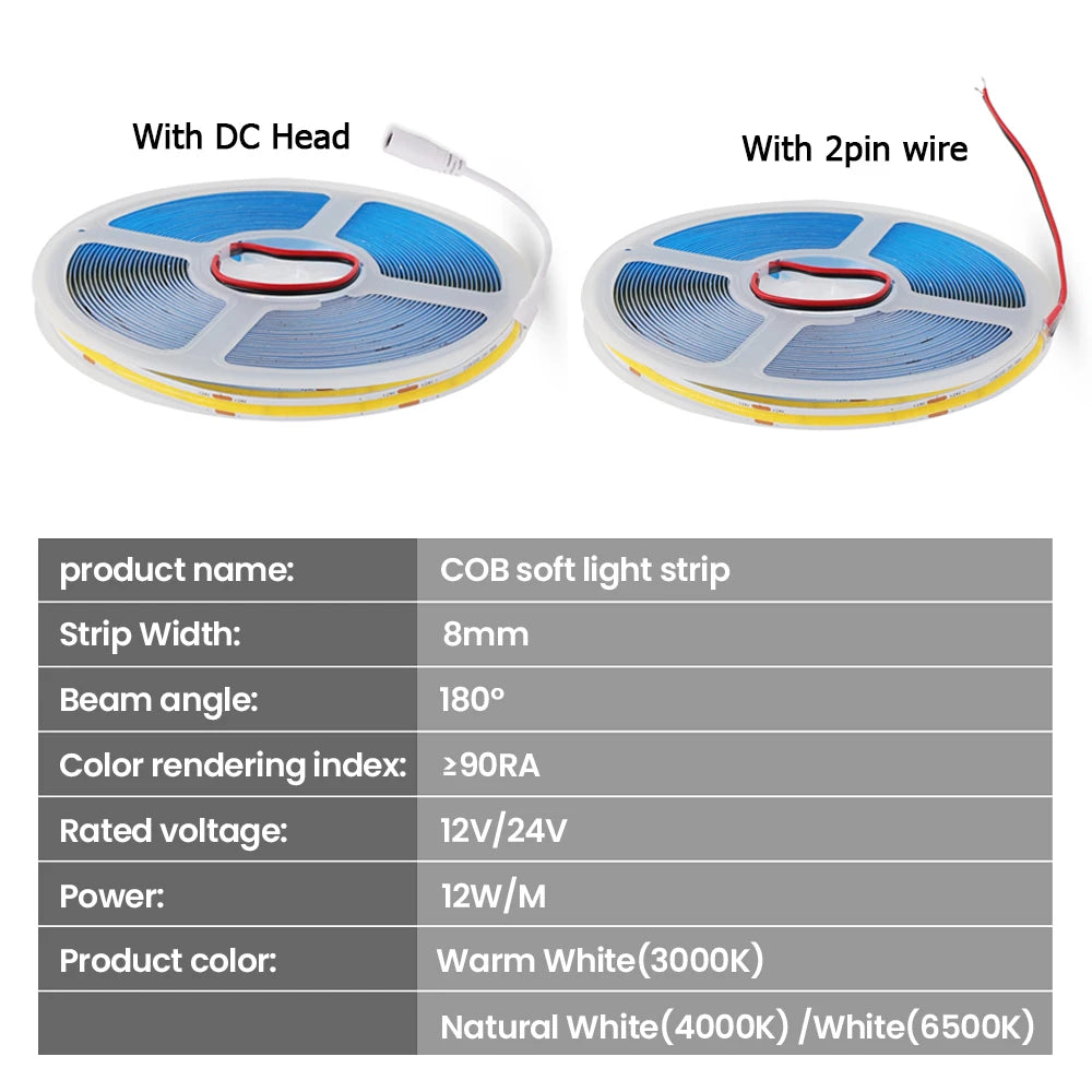 12V 24V COB LED Strip Light 320LEDs/M High Density Flexible 8mm FOB Tape Lights 5M 10M RA90 Warm Nature Cold White Linear Ribbon