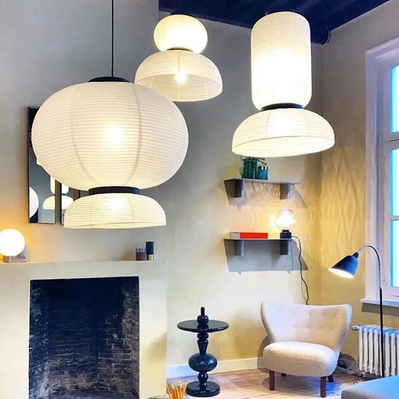 Japanese Wabi-Sabi Rice Paper LED Pendant Light - Organic White Paper Lantern Chandelier Fixture for Living Room Ceiling Decor
