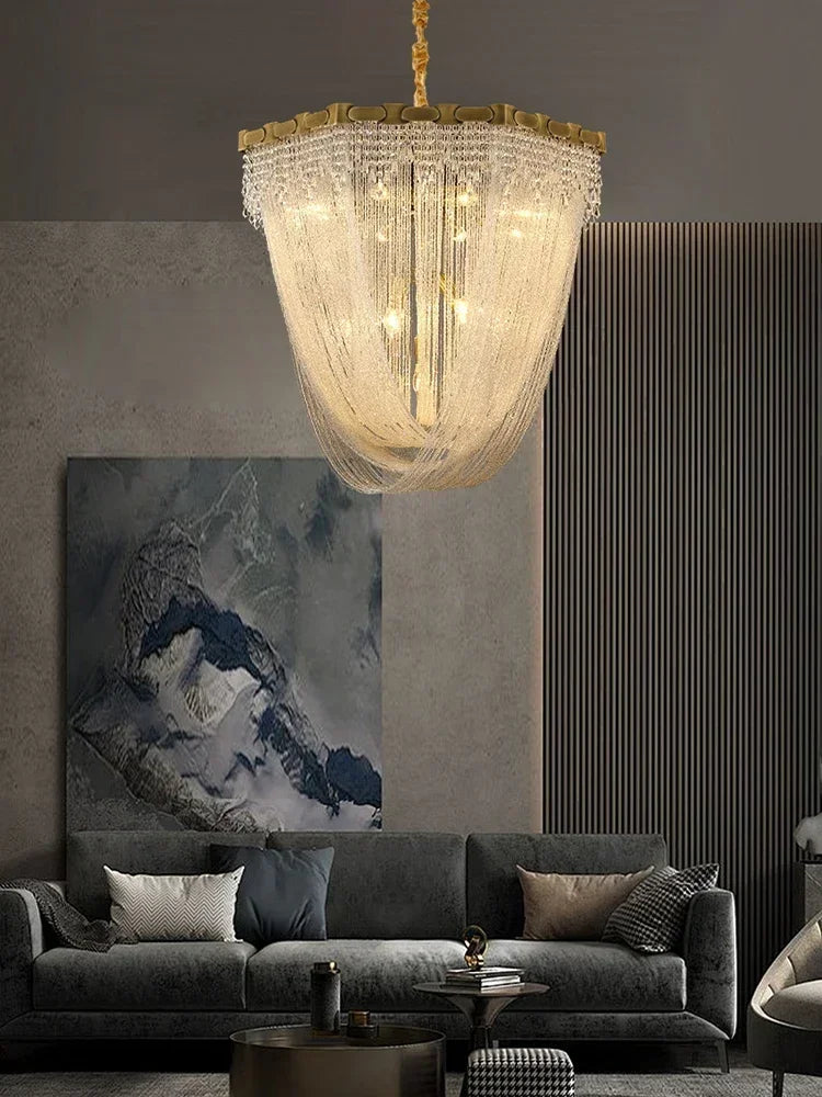 Luxury Brass Crystal Bead Curtains Chandeliers 2025 Modern LED Home Decor Hanging Lamps for Ceiling Living Room Lighting Fixture