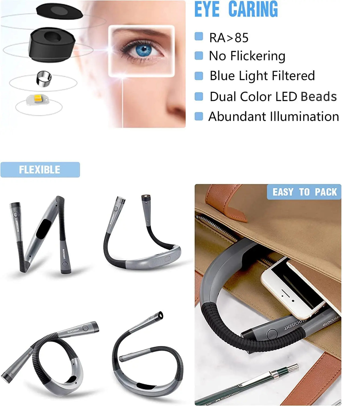 Student LED Neck Reading Light Dimmable Eye-caring lamps Bendable Arms Rechargeable Long Lasting Book Lighting For Hot Sell