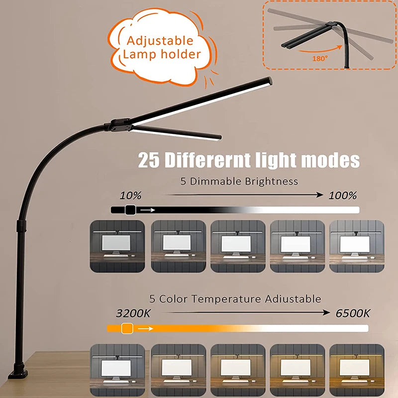 Double Head LED Desk Lamp EU/US Architect Desk Lamps Office 24W Brightest 5Color Modes and 5 Dimmable Eye Protection lamp