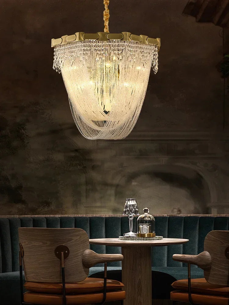 Luxury Brass Crystal Bead Curtains Chandeliers 2025 Modern LED Home Decor Hanging Lamps for Ceiling Living Room Lighting Fixture