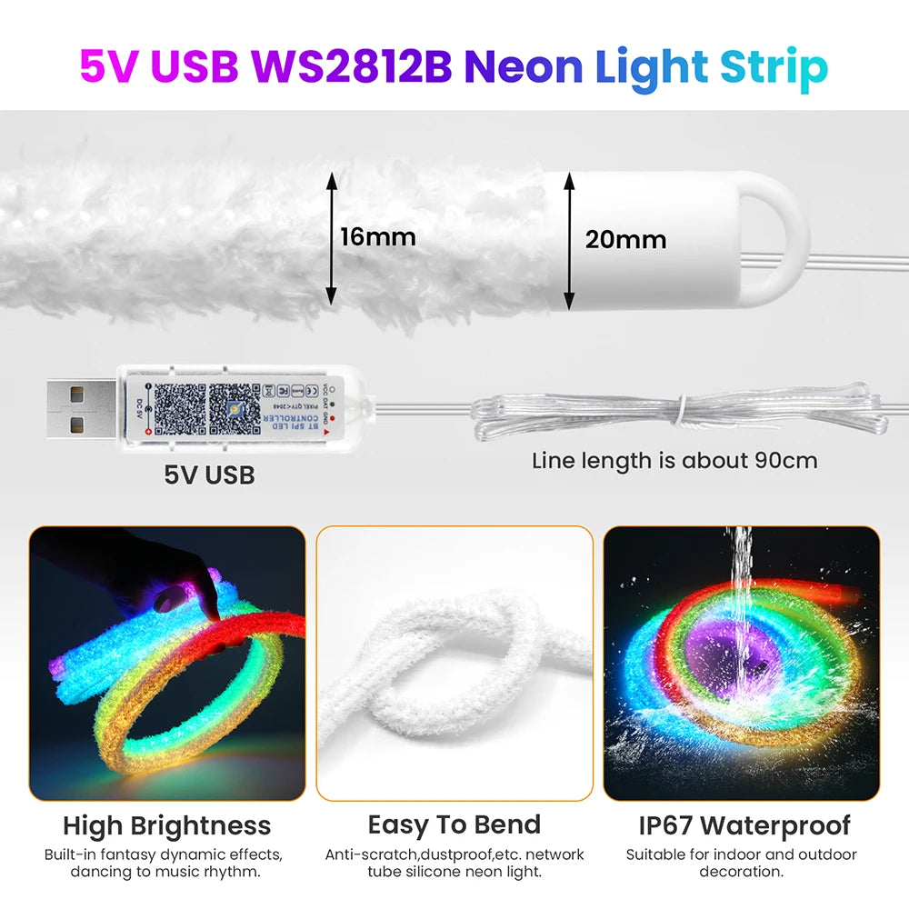 Fluffy Velvet RGB Neon LED Strip Light - 360° Round Tube WS2812B USB Light