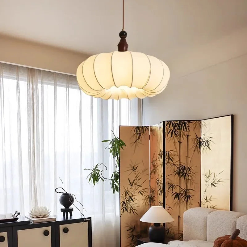 Retro Fabric & Solid Wood LED Pendant Light - Vintage Traditional Ceiling Chandelier Hanging Lamp Fixture for Living Room, Restaurant & Hotel Decor