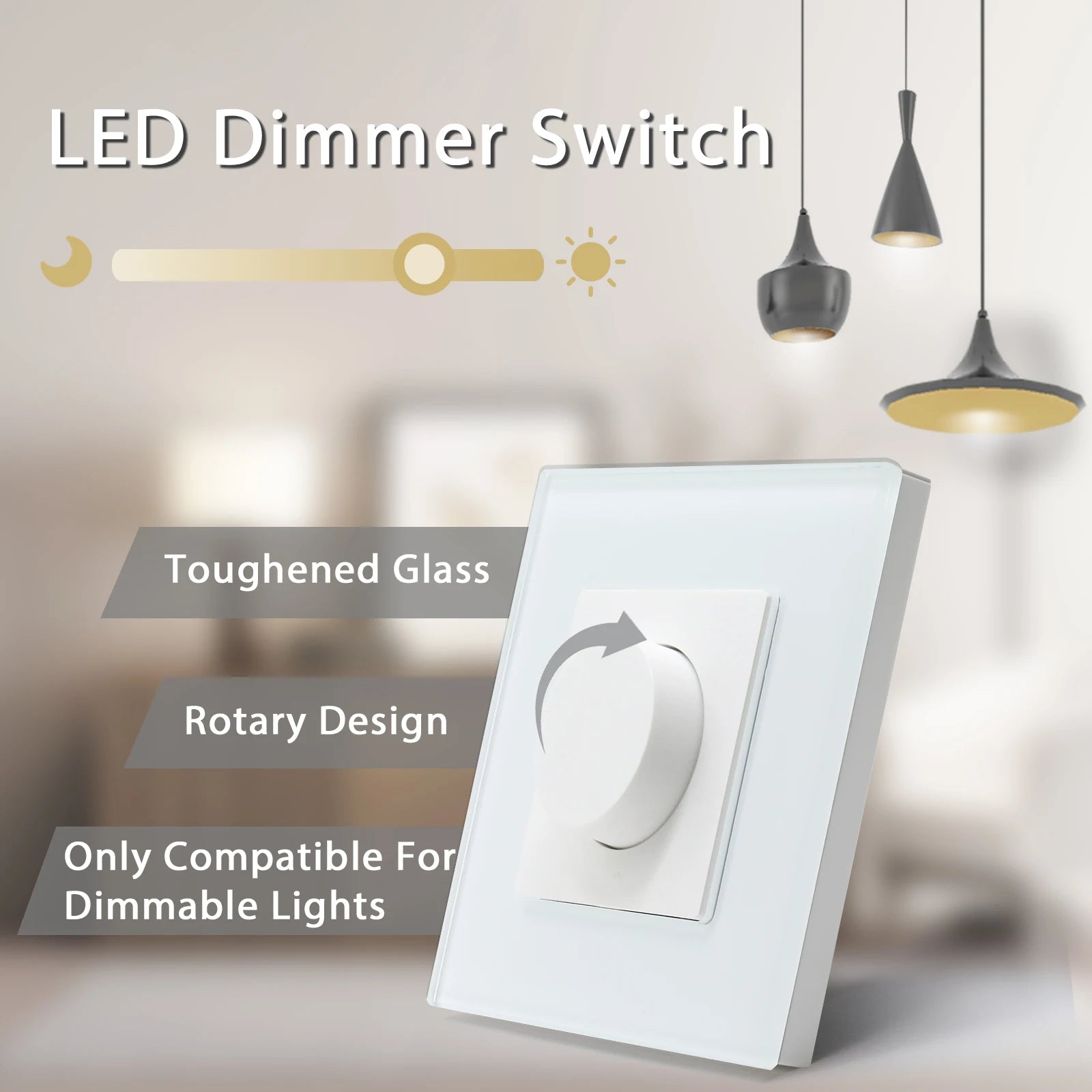Wall Dimmer Switch Mechanical Rotary Knob Light Switch Dimmable LED Switch Crystal glass panel EU Standard 86*86mm
