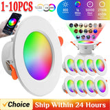 1-10 Pack Smart RGB LED Recessed Downlight (10W Dimmable, Warm to Cool White) - Round Color-Changing Ceiling Spot Light Panel Lamp for Bedroom & Living Room Decor