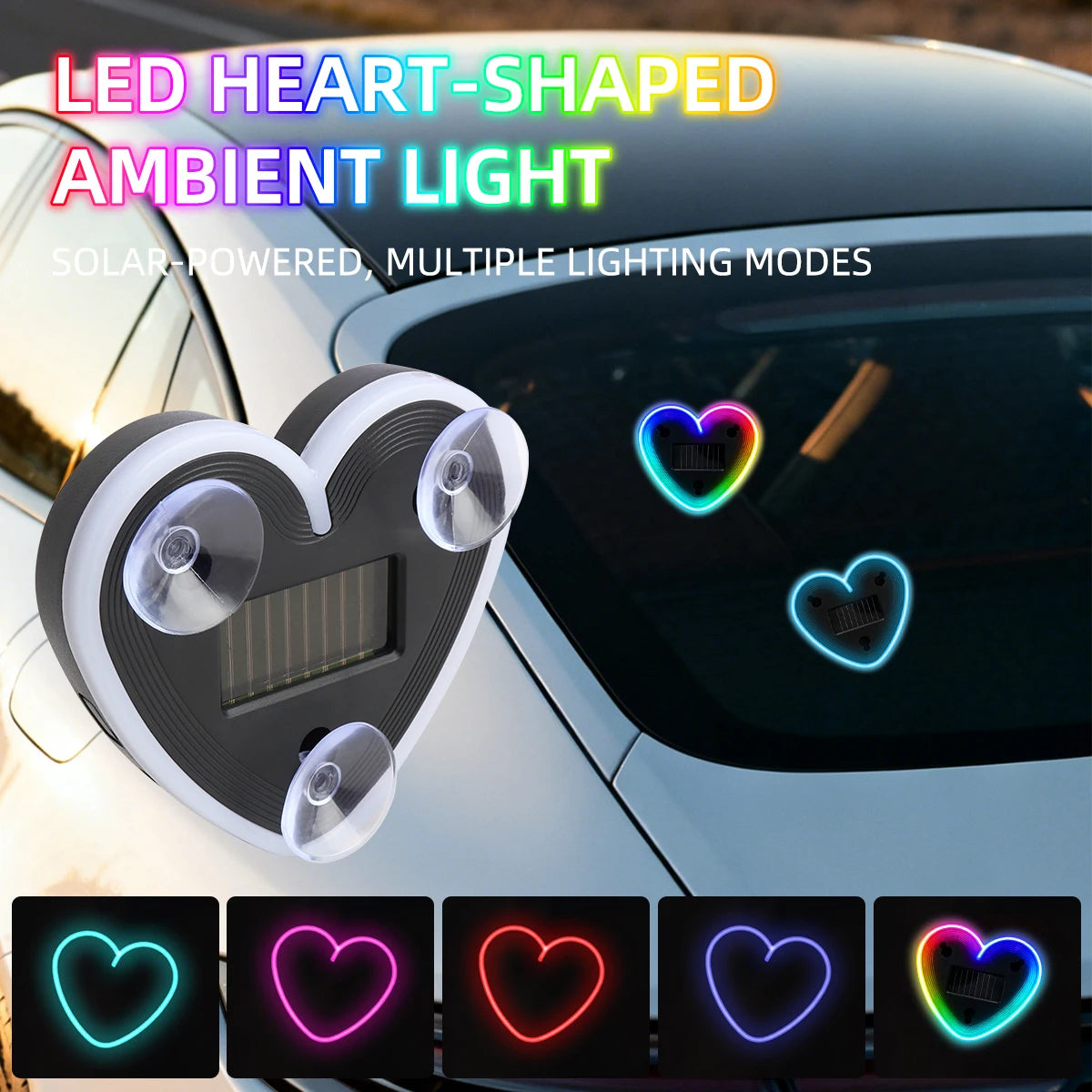 Universal Solar Heart-Shaped RGB LED Car Atmosphere Light - Dynamic Gradient Interior Ambient Decoration Lamp & Vehicle Accessory