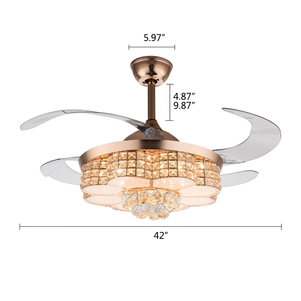 Crystal Ceiling Fan with Lights and Remote Chandelier 42 Inch Fan Noise Free Indoor Fan for Living Room