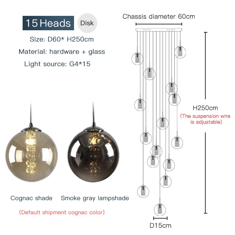 2026 New Modern Glass Ball Chandelier Lustre Living Room Staircase Light Spiral Light G4 Led Hotel Chandelier Villa Lighting