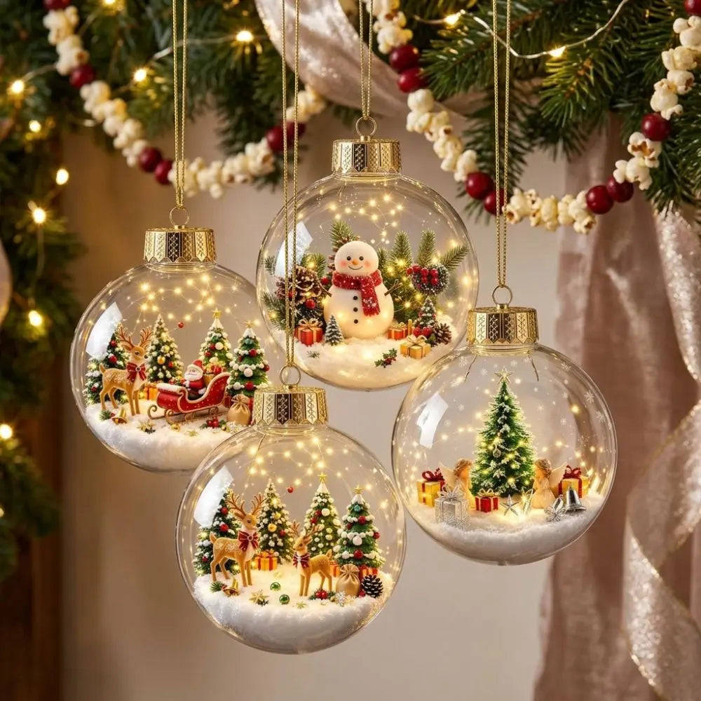 Clear Acrylic Lighted Christmas Ball Ornament Mini Interior Scene Warm LED Light-Up Tree Hanging Bauble Cartoon Shock-Resistant
