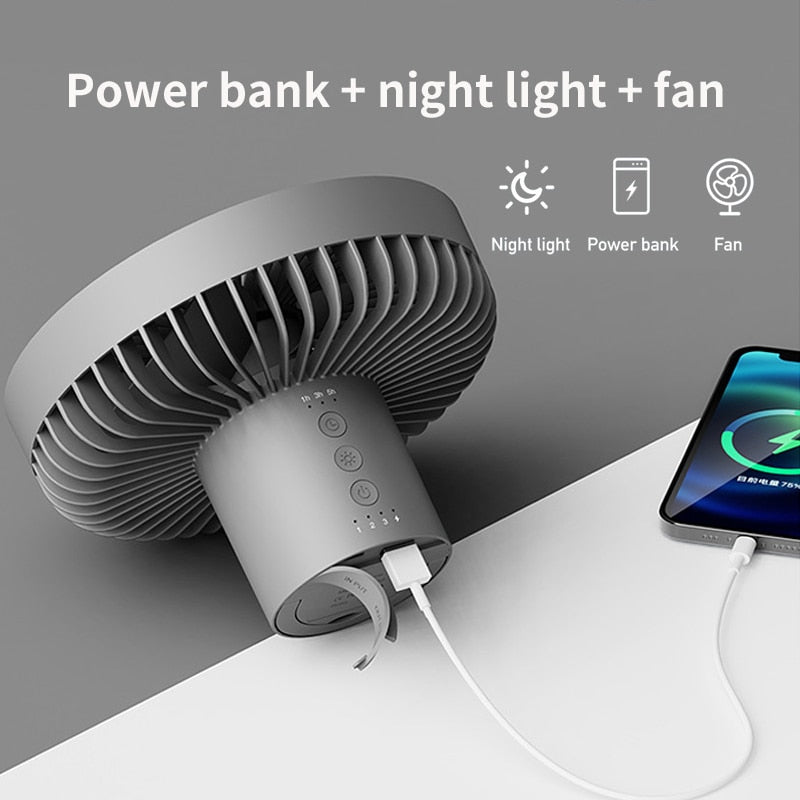 2 in1 Camping Fan Multifunction Home Appliances Usb Rechargeable Desk Tripod Stand Ceiling Cooling Fan With LED Night Light