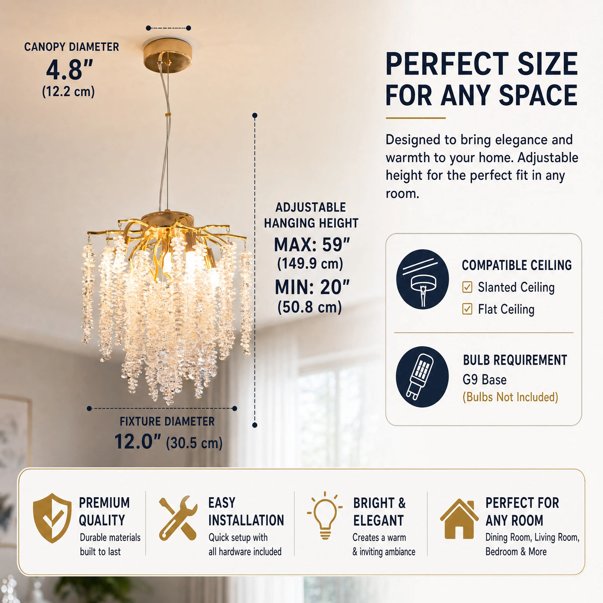 Modern Gold Crystal Chandelier, Tree Branch Adjustable Height K9 Crystal  Pendant Light Fixture for Hallway Kitchen Island Dining Room Bedroom