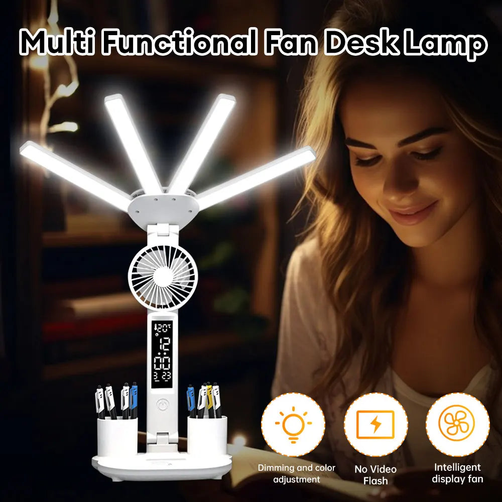 Multi-use Table Lamp Folding Time Date Display Desktop Fan Lamp Tricolor LED Reading Lamp with Pen Holder for Bedroom Office