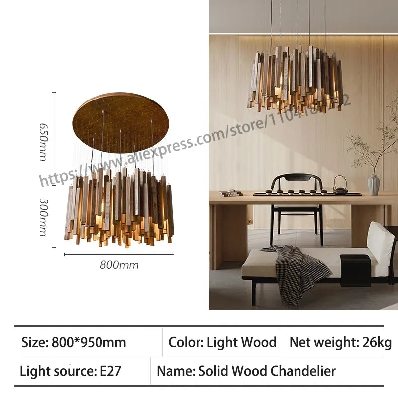Retro Wooden Hanging Chandelier Light Dining Table Solid Wood Led Pendant Lamp Living Room Kitchen Chandelier Lighting Fixture