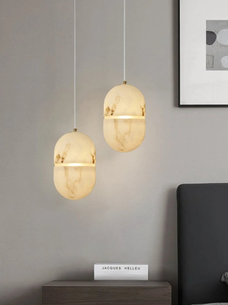 Designer Faux Marble Pendant Light - Modern Minimalist Single Ceiling Hanging Lamp Fixture for Bedroom, Living Room & Dining Area