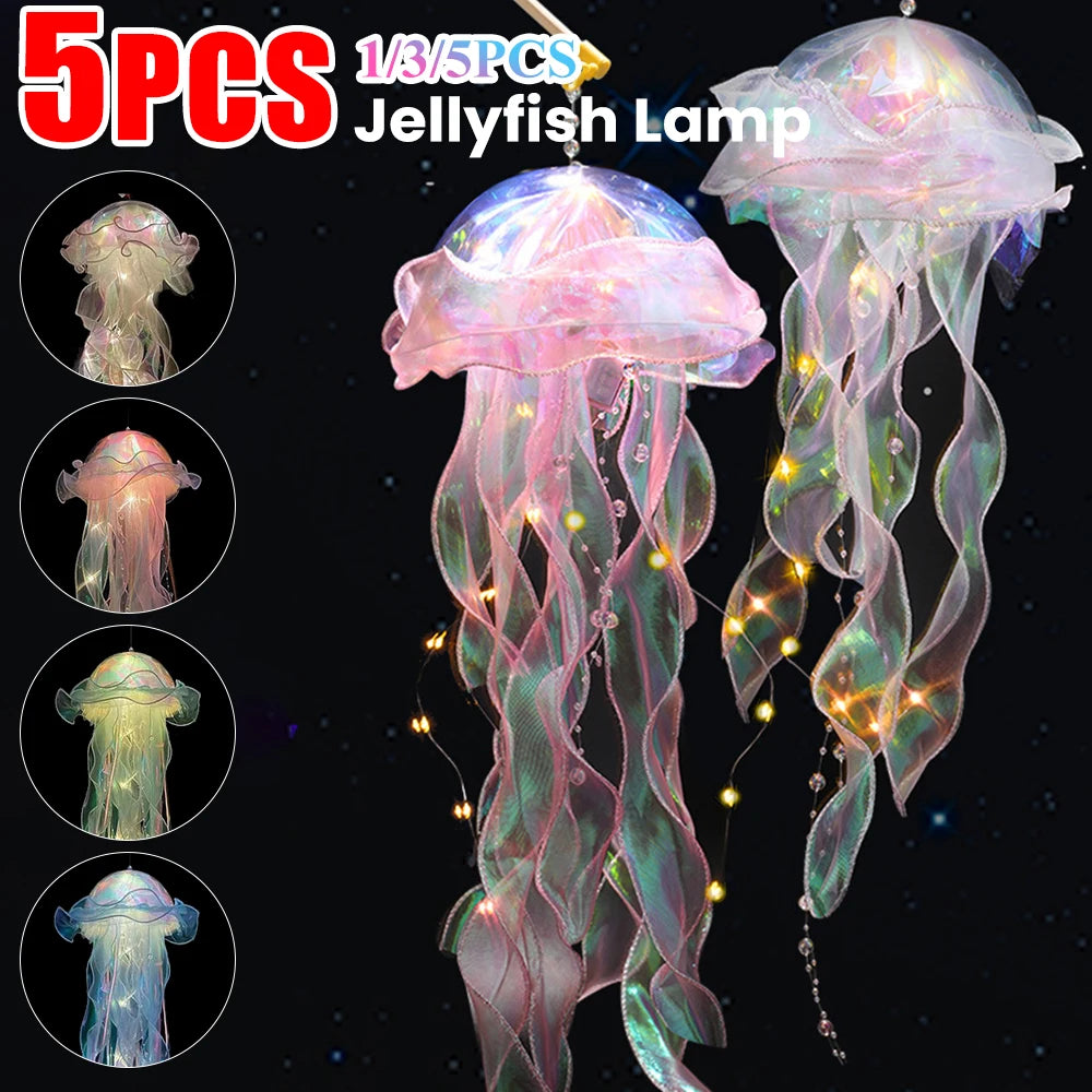 5PCS Jellyfish Hanging Night Light Lamp - Battery-Operated Bedroom Atmosphere Decor