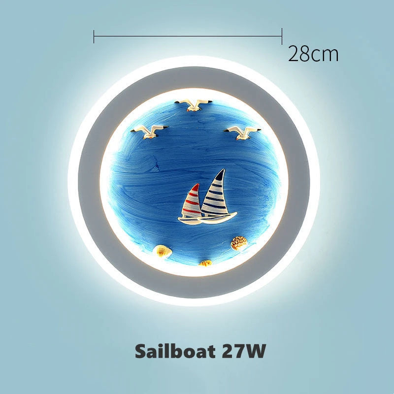 Mediterranean Style Wall Lamp Rudder Boy Children Room Anchor Decoration Bedside Light 27W LED Acrylic Wood Cartoon Sconce Light