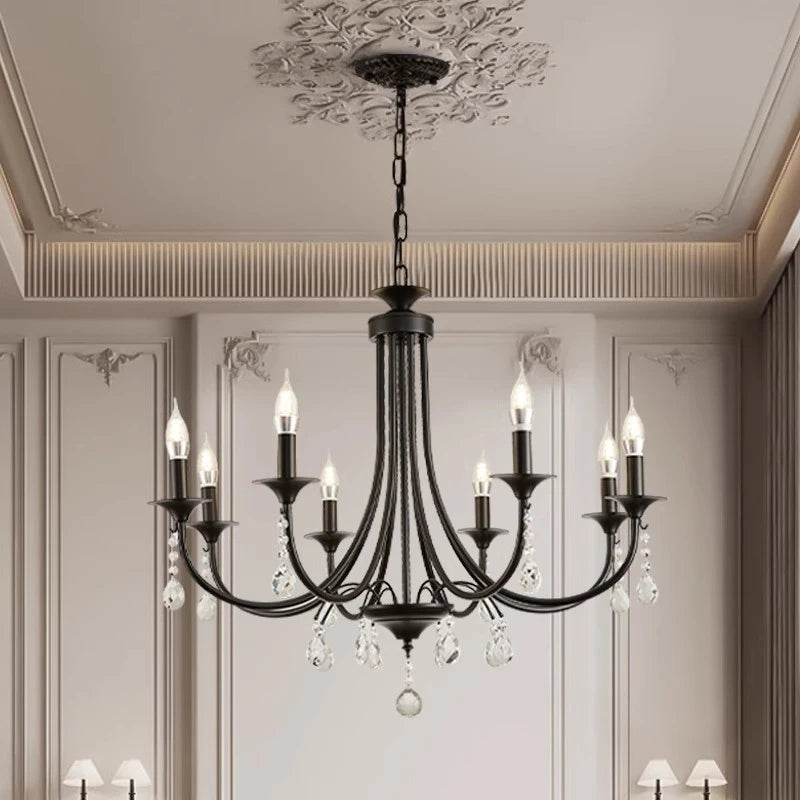 New Wrought Iron Crystal Chandelier European Classic Black Candle Lamp Modern Living Room Kitchen Dining Table Hanging Lamps