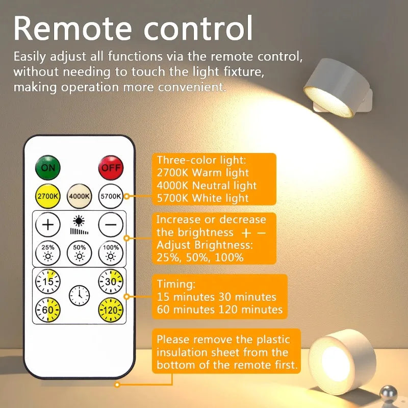 LED Wall Lights with Remote, Rechargeable Wall Mounted Reading Sconces Lamp 2000mAh, 3 Colors & Dimmable Magnetic 360° Rot